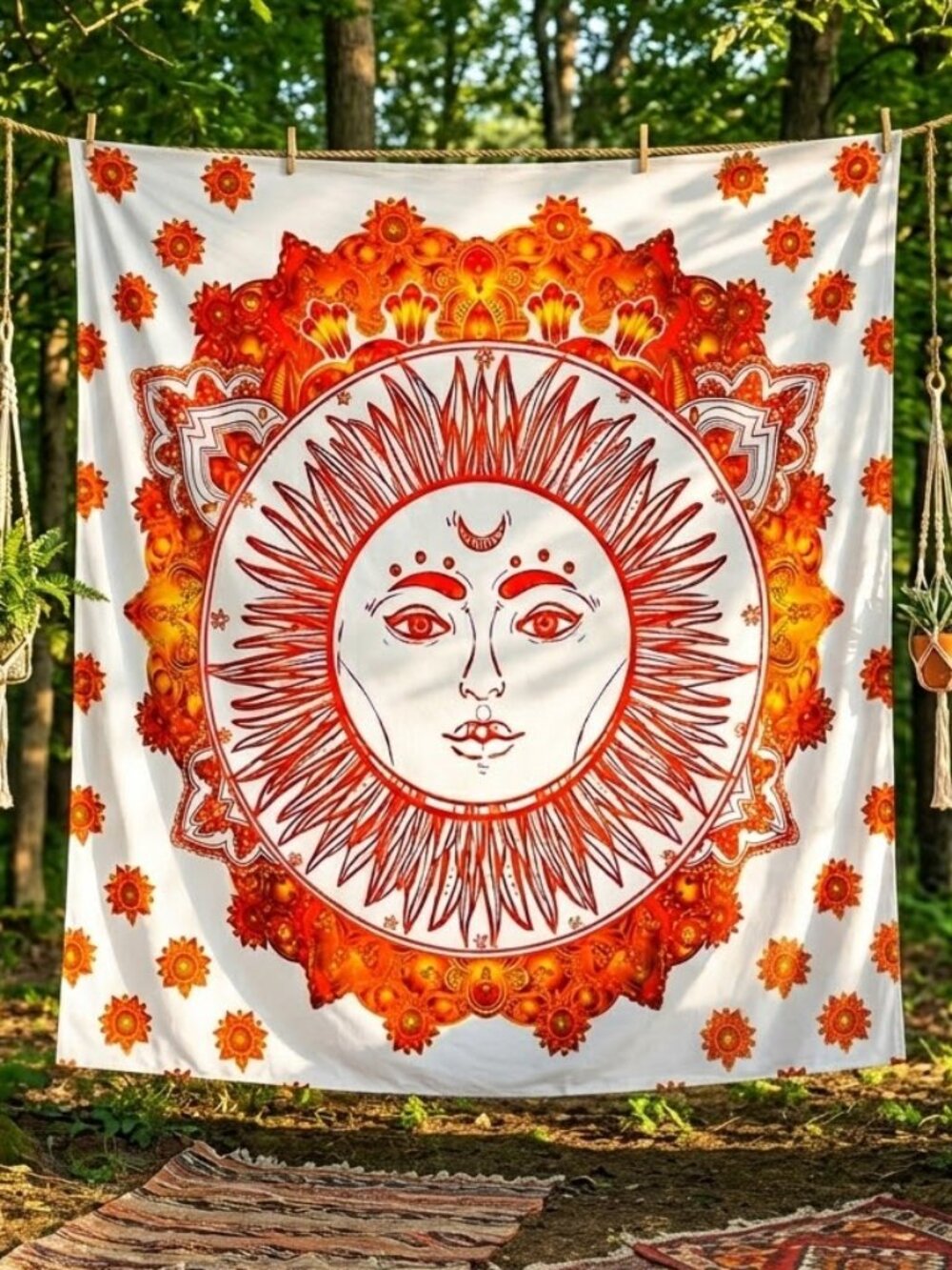 BRAND NEW Queen Size Large COTTON Cosmic Sun Stars Orange Gold Boho Tapestry